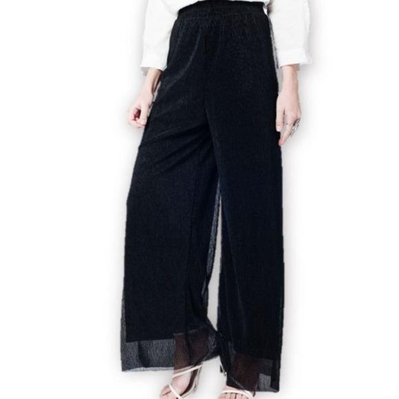 Q2 Pants - Black woven metallic wide leg dress pants
